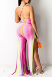 Red Sexy Print Hollowed Out Patchwork Frenulum Cardigan Halter Straight Jumpsuits