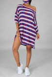 Red Blue Fashion Casual Print Basic Oblique Collar T-shirt Dress