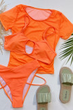 Orange Fashion Sexy Solid Hollowed Out Short Sleeve Swimwears Set