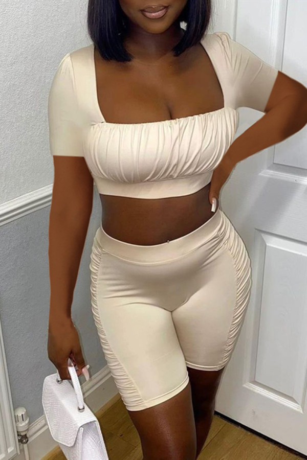 Apricot Fashion Sexy Solid Fold Square Collar Short Sleeve Two Pieces