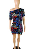 Black Street Print Patchwork Asymmetrical O Neck Dresses