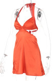Rose Red Sexy Solid Bandage Hollowed Out Patchwork Asymmetrical Halter A Line Dresses