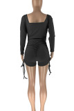 Pink Casual Solid Patchwork Draw String Fold U Neck Skinny Rompers