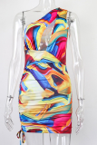 Blue Sexy Print Hollowed Out One Shoulder Pencil Skirt Dresses