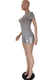 Grey Fashion Casual adult Ma'am Letter Two Piece Suits Straight Short Sleeve Two Pieces