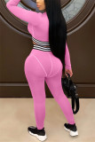Pink Sexy Sportswear Long Sleeve V Neck Regular Sleeve Short Patchwork Two Pieces