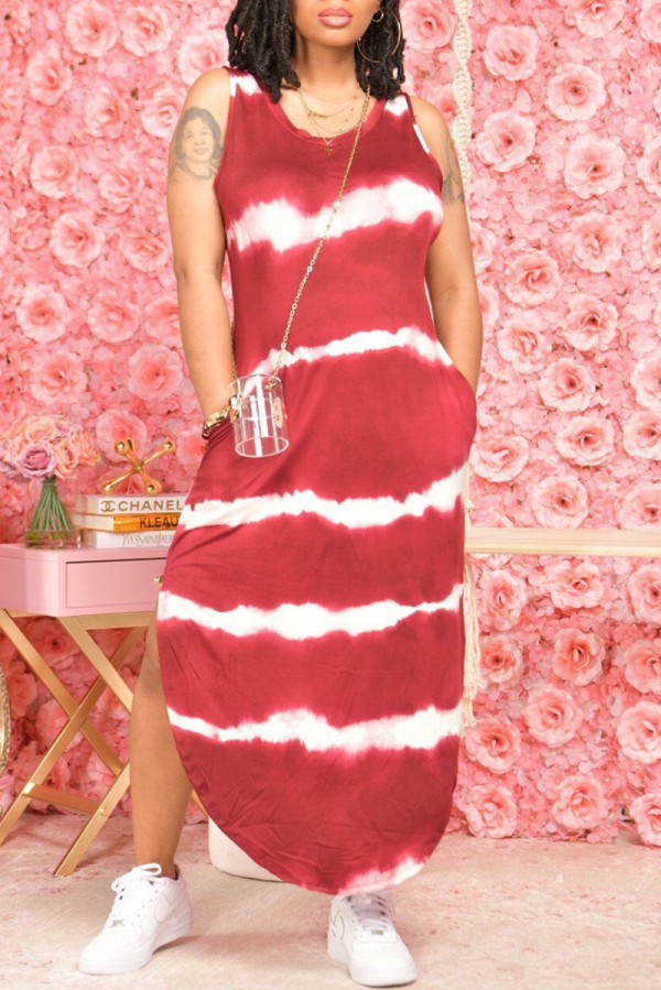 Red Fashion Casual Print Slit O Neck Sleeveless Dress