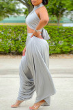 Silver Gray Casual Solid Bandage Patchwork Backless Strapless Sleeveless Two Pieces