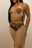 Apricot Sexy Print Patchwork Frenulum See-through Backless Halter Skinny Jumpsuits（Without Chains）