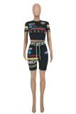 Black Casual Sportswear Print Basic O Neck Short Sleeve Two Pieces