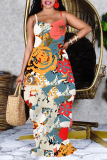 Multicolor Sexy Print Patchwork Spaghetti Strap Straight Dresses