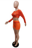 Orange Sexy Casual Solid Hollowed Out See-through O Neck Long Sleeve Two Pieces