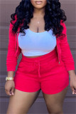 Red Fashion Casual Solid Cardigan Hooded Collar Long Sleeve Two Pieces (Without Vest)