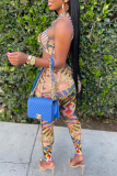 Colour Sexy Print Hollowed Out V Neck Sleeveless Two Pieces