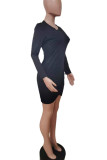 Blue Casual Solid Patchwork Asymmetrical O Neck Pencil Skirt Dresses
