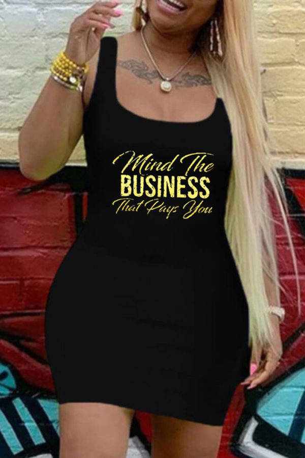 Black Fashion Casual Letter Print Vests U Neck Sleeveless Dress