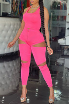Pink Fashion Sexy Solid Hollowed Out Backless U Neck Sleeveless Two Pieces