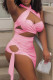 Pink Fashion Sexy Solid Hollowed Out Halter Sleeveless Two Pieces