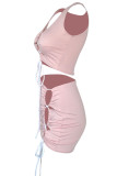 Pink Sexy Solid Bandage Hollowed Out Patchwork U Neck Sleeveless Two Pieces