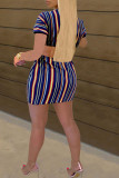 Blue Casual Striped Print Patchwork O Neck Short Sleeve Two Pieces