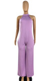Light Purple Fashion Casual Solid Hollowed Out Without Belt O Neck Regular Jumpsuits