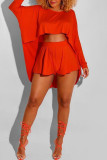 Red Casual Solid Patchwork Asymmetrical O Neck Long Sleeve Two Pieces