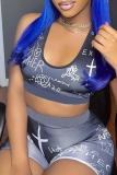 Purple Sportswear Print Patchwork U Neck Sleeveless Two Pieces