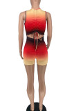 Red Black Sexy Gradual Change Patchwork Draw String Printing V Neck Skinny Rompers
