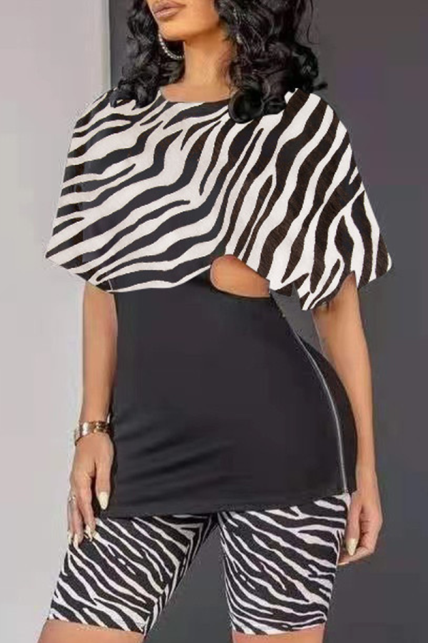 Black Casual Animal Print Patchwork O Neck Short Sleeve Two Pieces