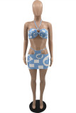 Blue Sexy Print Hollowed Out Backless Strap Design Strapless Sleeveless Two Pieces