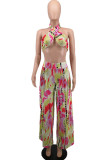 Red Yellow Fashion Sexy Print Backless Halter Sleeveless Two Pieces