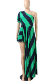 Green Street Striped Print Split Joint Asymmetrical Oblique Collar Irregular Dress Dresses