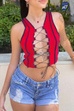 Rose Red Sexy Casual Solid Bandage Hollowed Out V Neck Tops