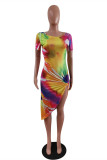 Colour Fashion Casual Print Tie Dye Asymmetrical O Neck Short Sleeve Dress