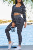 Camouflag Gray Casual Camouflage Print Patchwork U Neck Long Sleeve Two Pieces