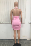 Pink Sexy Solid Hollowed Out Halter Pencil Skirt Dresses