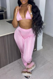 Pink Fashion Sexy Solid Bandage Backless Halter Sleeveless Two Pieces