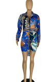 Multicolor Casual Print Patchwork Buckle Turndown Collar Shirt Dress Dresses