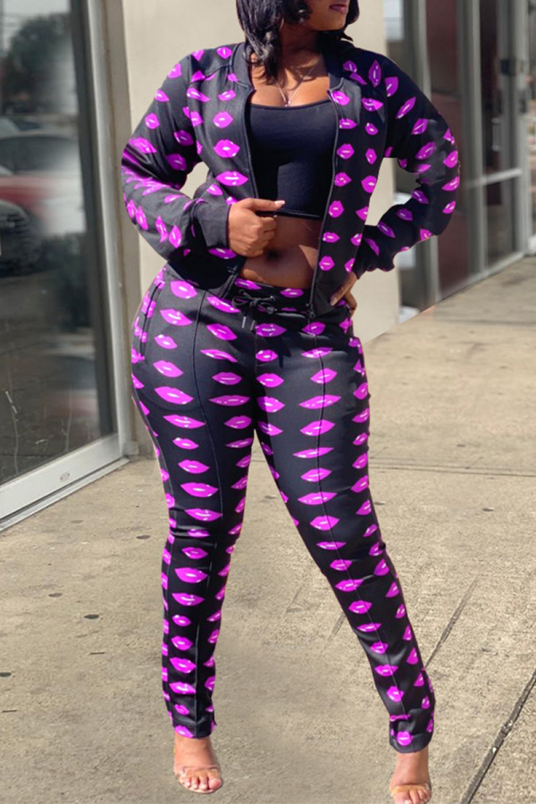 Purple Casual Print Patchwork Zipper Collar Long Sleeve Two Pieces