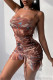 Coffee Sexy Print Draw String Backless Spaghetti Strap Sleeveless Dress