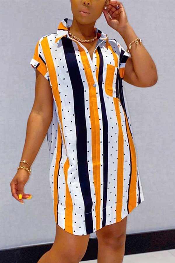 Orange Fashion Sexy Striped Short Sleeve Shirt Dress