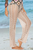 Apricot Sexy Solid Hollowed Out Loose Mid Waist Wide Leg Solid Color Bottoms
