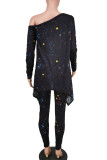 Deep Blue Casual Print Patchwork Asymmetrical O Neck Nine Points Sleeve Two Pieces
