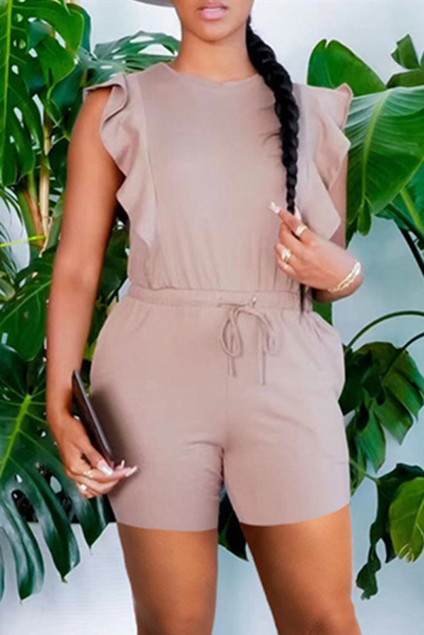 Khaki Fashion Casual Solid Basic O Neck Sleeveless Regular Romper