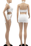 White Sexy Solid Hollowed Out Split Joint Asymmetrical Halter Pencil Skirt Dresses