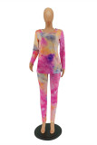 Fuchsia Fashion Casual Print Tie Dye Basic O Neck Long Sleeve Two Pieces