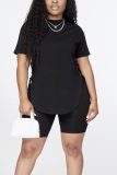 Blue Casual Solid Draw String O Neck Short Sleeve Two Pieces
