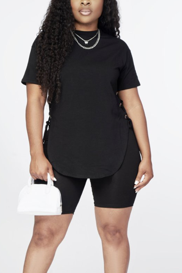 Black Casual Solid Draw String O Neck Short Sleeve Two Pieces