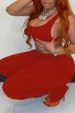 Red Sexy Solid Patchwork U Neck Sleeveless Two Pieces