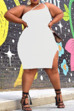 White Fashion Sexy Plus Size Solid Backless Slit One Shoulder Sleeveless Dress